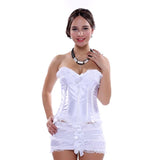 Women Sexy Bow Lace Overbust Corset Dress Satin Striped Corset Bustier Lingerie Top With One-Step Mini Narrow Dance Skirt Set