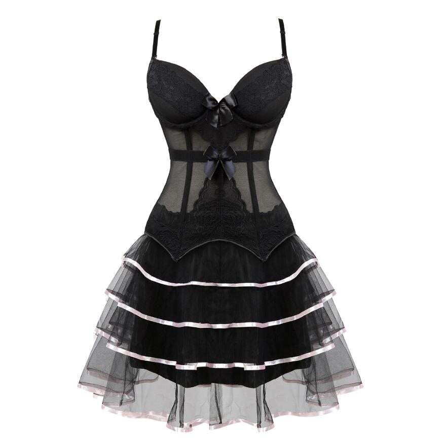 Victorian Burlesque Straps Corset Dress Women Gothic Sexy Cup Lace Corset Bustier Lingerie Top With Striped Mini Skirt Set