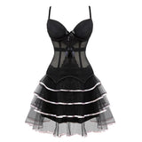 Victorian Burlesque Straps Corset Dress Women Gothic Sexy Cup Lace Corset Bustier Lingerie Top With Striped Mini Skirt Set