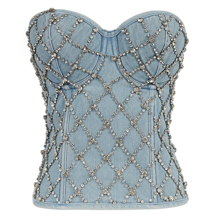 Winter Long Tube Tank Top Corset Top With Built in Bra Rhinestone Bright Off Shoulder Sexy Women Bustier