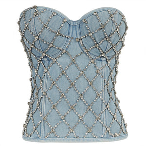 Winter Long Tube Tank Top Corset Top With Built in Bra Rhinestone Bright Off Shoulder Sexy Women Bustier