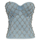 Winter Long Tube Tank Top Corset Top With Built in Bra Rhinestone Bright Off Shoulder Sexy Women Bustier