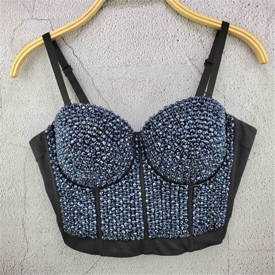 Acrylic Beads Shine Nightclub Party Tube Top With Built In Bra Push Up Bralette Crop Top Women Camis Tops