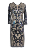 O Neck Formal Half Sleeve Women 1920s Vintage Gowns Tea Length Sequins Tulle Evening Dress
