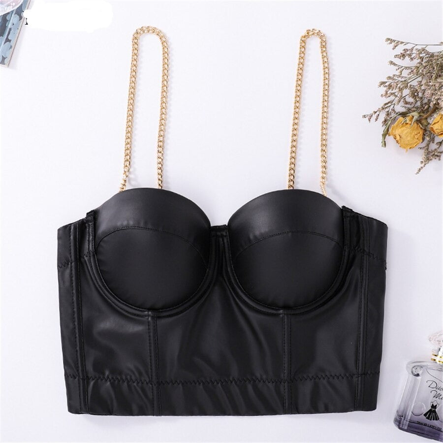 Camis Tops PU Leather Metal Chain Camisole Sexy Black Crop Top Women With Built In Bra Push Up Bralette
