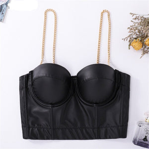 Camis Tops PU Leather Metal Chain Camisole Sexy Black Crop Top Women With Built In Bra Push Up Bralette