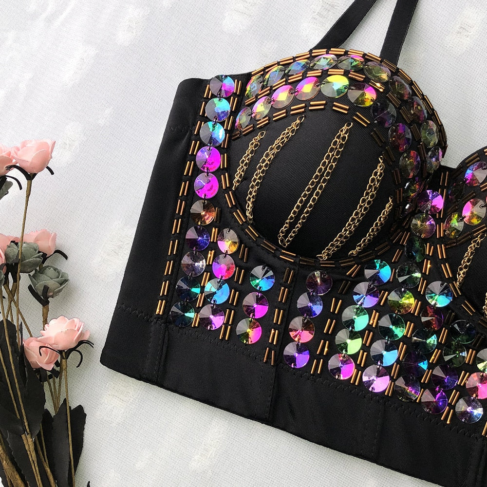 Chain Sequins Crop Top Summer Sexy Corset Nightclub Party Short Women Camis In Bra Sleeveless Cropped