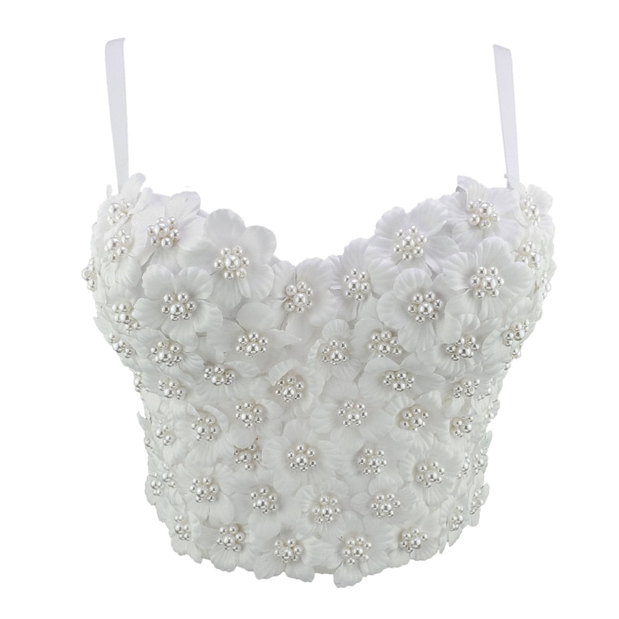 New Summer Sweet Floral Handmade Beading Party Sexy Women Top With Cups Crop Top To Wear Out Push Up Bralette Bra Corset