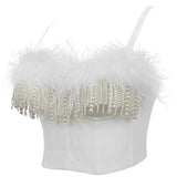 Nightclub Feather Beading Crop Tank Top With Built In Bra Push Up Bralette Spaghetti Strap Tops Camis Clothing