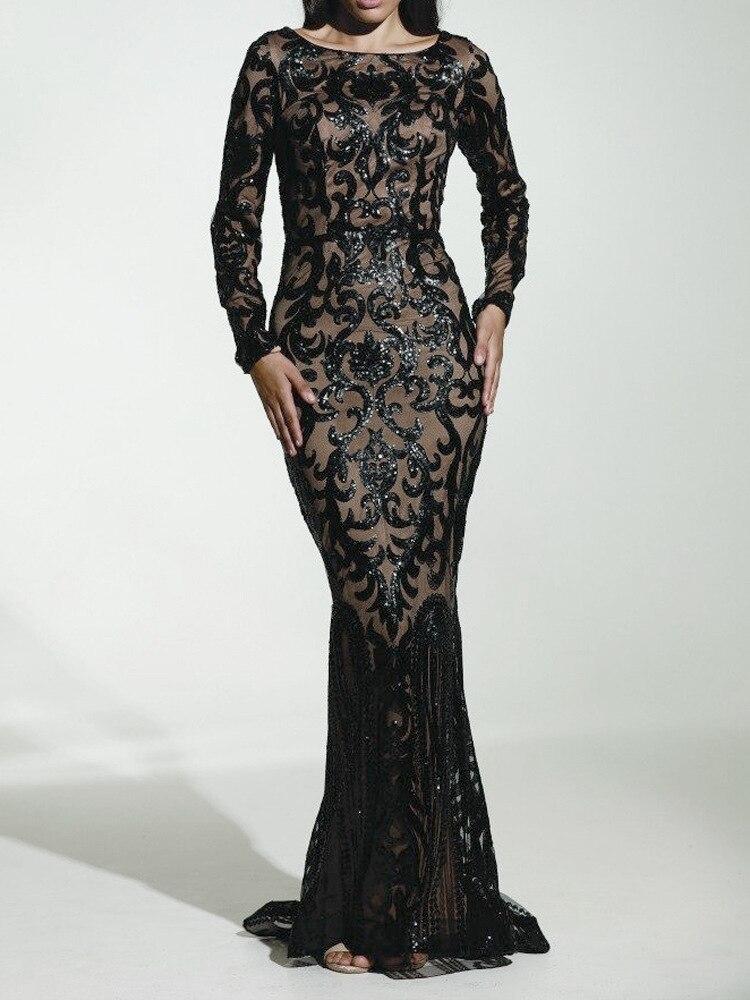 Elegant Long Sleeve Sequin Evening New Women Gold Party Maxi Dress