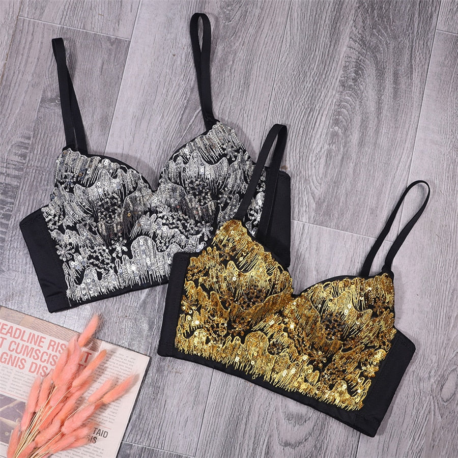 New Cropped With Built in Bra Gold Sequins Party Hot Chick Sexy Women Crop Top Spaghetti Strap Corsets Bustier