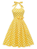 Polka Dot Yellow 1950s Vintage Pinup Belt Pleated Dresses for Women Halter Neck Corset Evening Party Cotton Dress