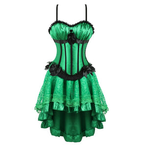 Women Sexy Lace Corset Dress Satin Striped Cup Straps Corset Bustier Lingerie Top With Asymmentrical Floral Skirt Set Green