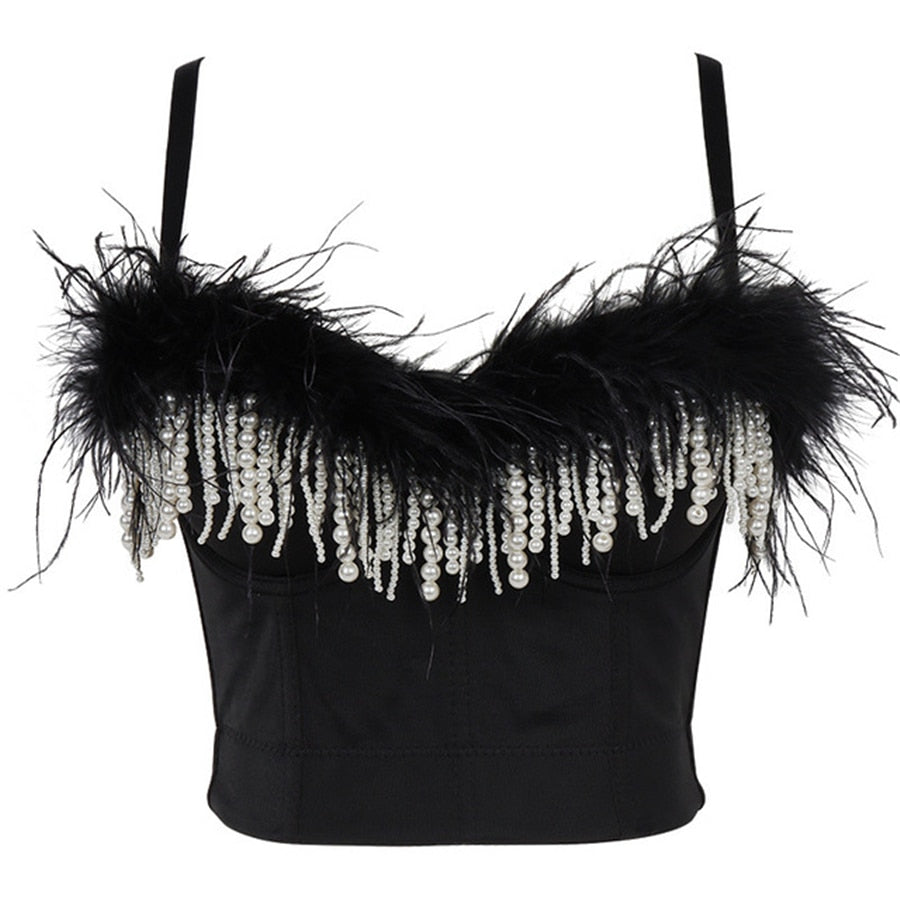 Nightclub Feather Beading Crop Tank Top With Built In Bra Push Up Bralette Spaghetti Strap Tops Camis Clothing