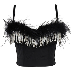 Nightclub Feather Beading Crop Tank Top With Built In Bra Push Up Bralette Spaghetti Strap Tops Camis Clothing