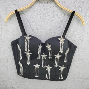 Rhinestone Tassel Corset Sexy Summer Female Show Crop Top Spaghetti Strap Women Camis Tops With Built In Bra Push Up Bralette