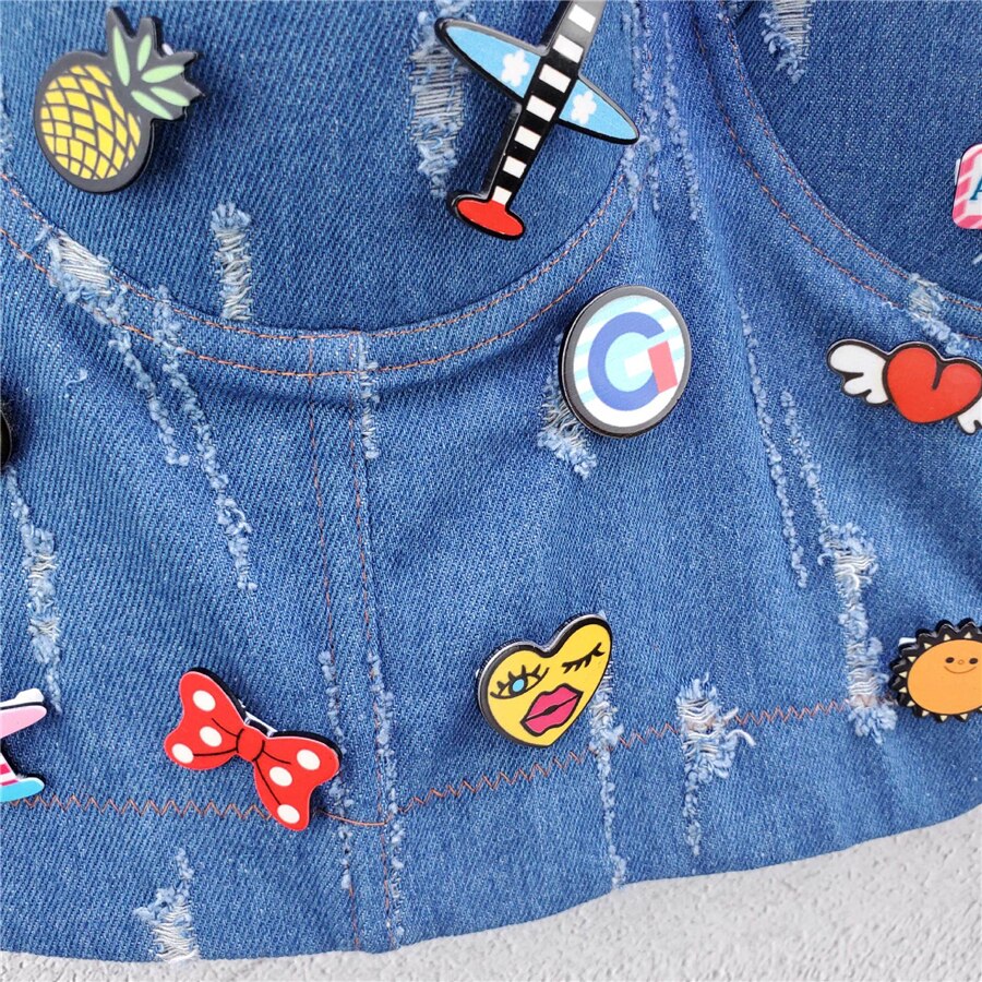 HOLE Denim Cute Appliques Crop Top To Wear Out Autumn Corset Top Women Bra Push Up Bustier