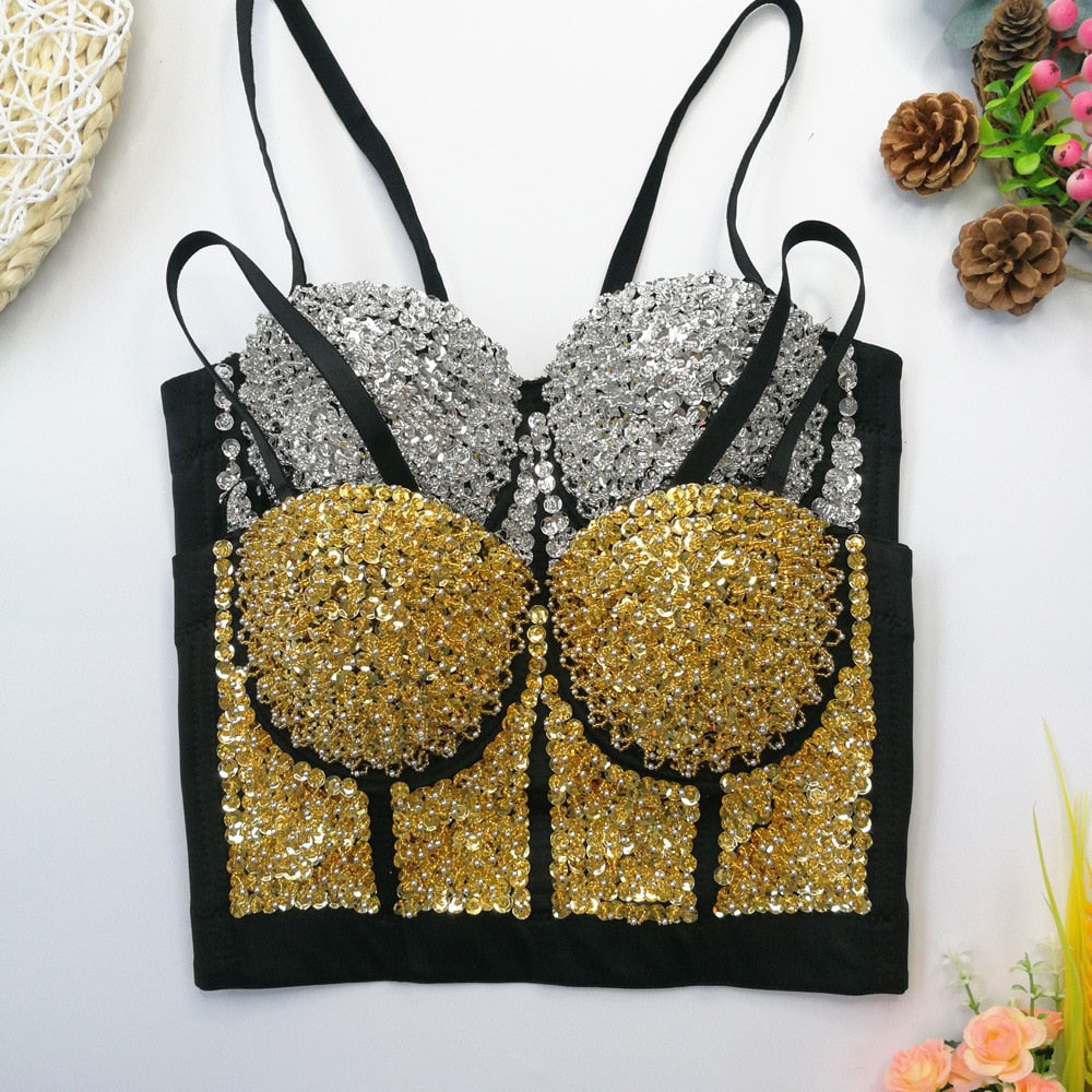 Sexy Bright Beading Sequins Nightclub Push Up Bralette Bra Cropped To Wear Out Corset Camis Crop Top