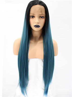 Long Black To Dark Green Ombre Synthetic Lace Front Wig - FashionLoveHunter