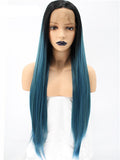 Long Black To Dark Green Ombre Synthetic Lace Front Wig - FashionLoveHunter