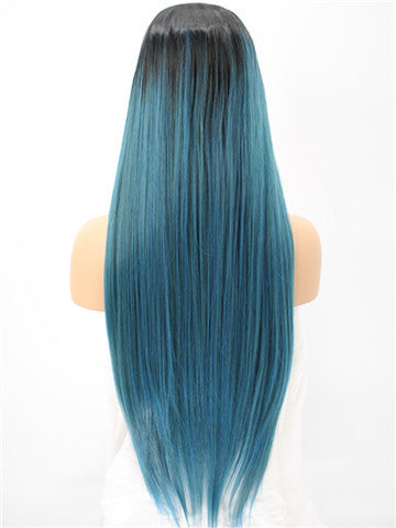 Long Black To Dark Green Ombre Synthetic Lace Front Wig - FashionLoveHunter