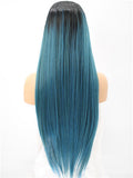 Long Black To Dark Green Ombre Synthetic Lace Front Wig - FashionLoveHunter