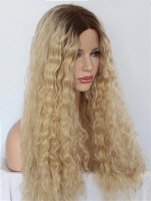Long Kinky Curly Brown To Light Gold Ombre Synthetic Lace Front Wig