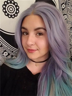 Lavender Green Mixed Long Wave Synthetic Lace Front Wig - FashionLoveHunter