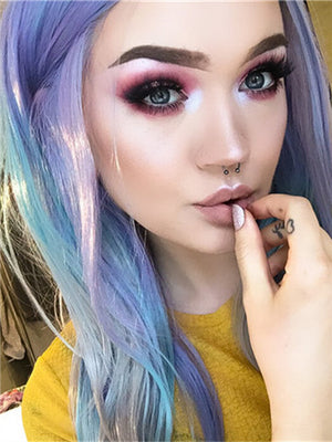 Lavender Green Mixed Long Wave Synthetic Lace Front Wig - FashionLoveHunter
