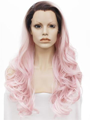 Light Warm Pink Ombre Big Wave Long Synthetic Lace Front Wig - FashionLoveHunter