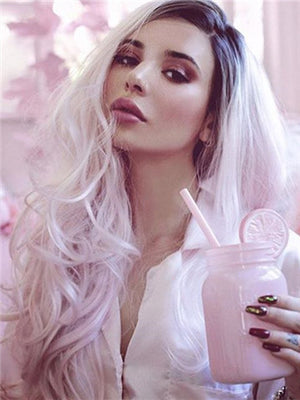 Light Warm Pink Ombre Big Wave Long Synthetic Lace Front Wig - FashionLoveHunter