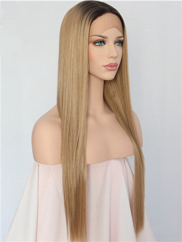 Long Ash Golden Blonde Ombre Synthetic Lace Front Wig - FashionLoveHunter