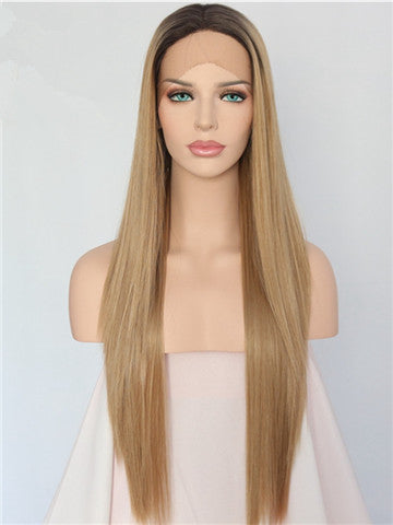 Long Ash Golden Blonde Ombre Synthetic Lace Front Wig - FashionLoveHunter