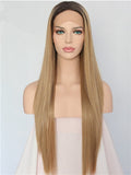 Long Ash Golden Blonde Ombre Synthetic Lace Front Wig - FashionLoveHunter