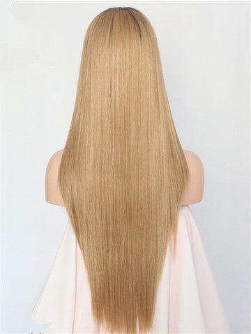 Long Ash Golden Blonde Ombre Synthetic Lace Front Wig - FashionLoveHunter