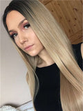 Long Ash Golden Blonde Ombre Synthetic Lace Front Wig - FashionLoveHunter