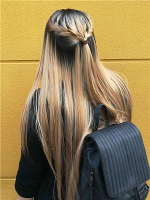Long Ash Golden Blonde Ombre Synthetic Lace Front Wig - FashionLoveHunter