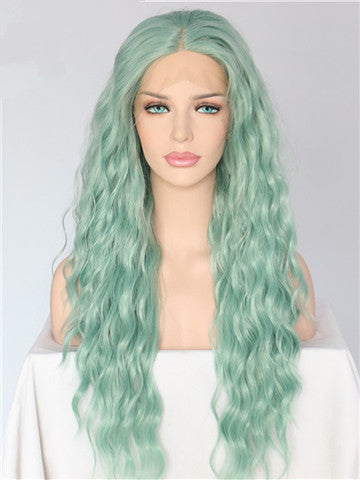 Long Ash Mint Green Curly Synthetic Lace Front Wig - FashionLoveHunter