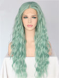 Long Ash Mint Green Curly Synthetic Lace Front Wig - FashionLoveHunter