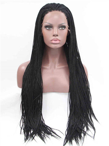 Long Black Braid Straight Synthetic Lace Front Wig - FashionLoveHunter