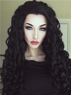 Long Black Finger Wave Hairstyle Synthetic Lace Front Wig - FashionLoveHunter