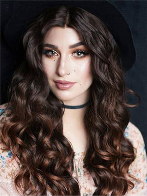 Long Black Ombre Brown Wavy Synthetic Lace Front Wig - FashionLoveHunter