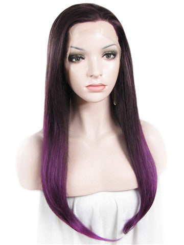 Long Black Purple Ombre Straight Synthetic Lace Front Wig - FashionLoveHunter