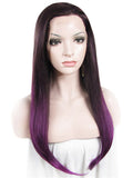Long Black Purple Ombre Straight Synthetic Lace Front Wig - FashionLoveHunter
