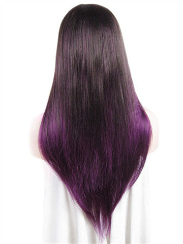 Long Black Purple Ombre Straight Synthetic Lace Front Wig - FashionLoveHunter