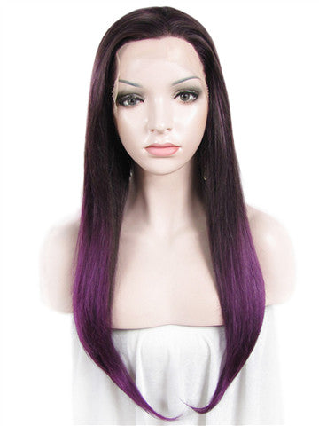 Long Black Purple Ombre Straight Synthetic Lace Front Wig - FashionLoveHunter