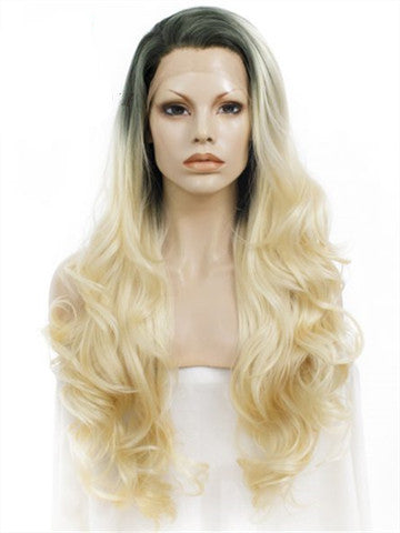 Long Black Root To Bright Blonde Ombre Wave Synthetic Lace Front Wig - FashionLoveHunter