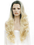 Long Black Root To Bright Blonde Ombre Wave Synthetic Lace Front Wig - FashionLoveHunter