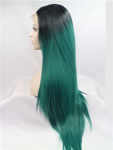 Long Black Root To Dark Green Ombre Straight Synthetic Lace Front Wig - FashionLoveHunter