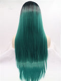 Long Black Root To Dark Green Ombre Straight Synthetic Lace Front Wig - FashionLoveHunter